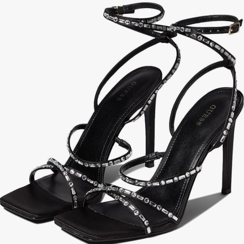 Guess Black Rhinestone-Strap High Heel Sandals